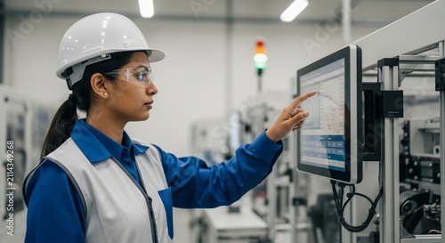 Asian Indian female engineer in protective gear expertly monitoring complex data on a digital touchscreen interface within a modern industrial facility.