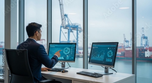 Asian Indian man in business suit analyzing shipping logistics data on computer screens in modern office overlooking port
