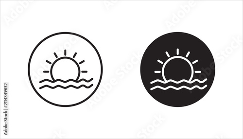 Minimal sunrise and sunset icon set,  collection featuring outline and solid glyph styles. Perfect for weather apps, travel, nature, forecast, UI, and web design.