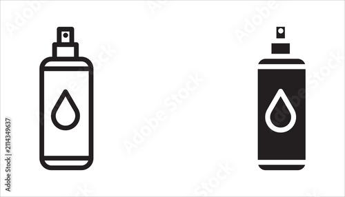 Modern spray bottle icon set with outline and filled versions. Suitable for cosmetics, disinfectant, perfume, cleaning products, packaging, and web interfaces.