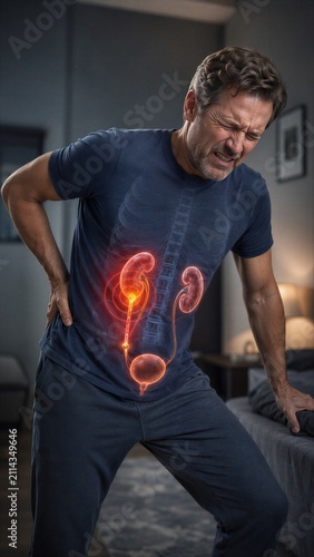 Man experiencing sharp back pain from kidney stone. Visualization of urinary system disease and internal inflammation. Medical concept of healthcare, urology condition, and acute discomfort.