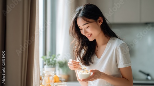 Young Asian woman enjoying a healthy breakfast of yogurt and granola by the window. A smiling woman in a white t-shirt eats a bowl of yogurt with toppings, bathed in natural morning light