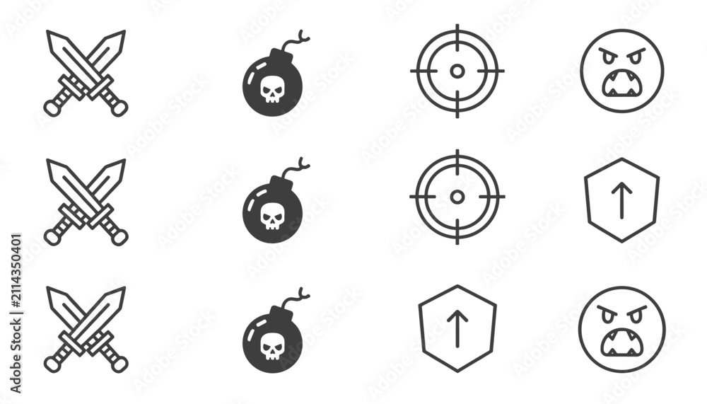 Fototapeta premium Utility line icons for video games, including crossed swords, bombs, target reticles, shields, and angry faces.