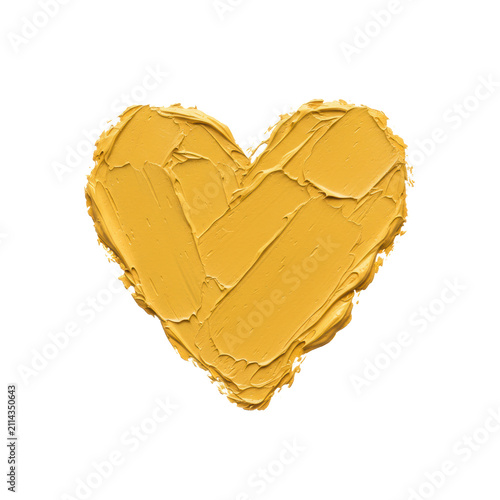 A golden yellow impasto paint heart with visible brushstrokes and texture, isolated on a transparent background under soft studio lighting, conveying heartfelt emotion