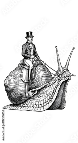 Victorian Gentleman Rides Giant Snail Top Hat Detailed Illustration