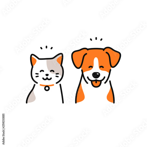 笑顔で喜ぶ犬と猫のシンプルなベクターアイコンイラスト素材