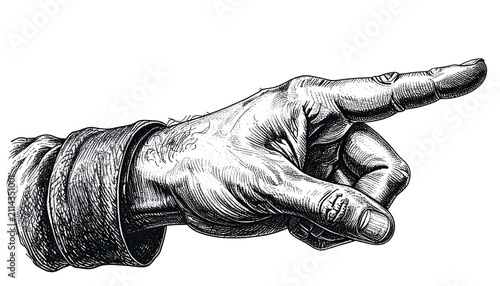 Victorian Hand Pointing Forward Isolated Black and White Illustration