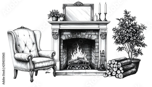 Victorian Living Room Fireplace With Armchair And Firewood