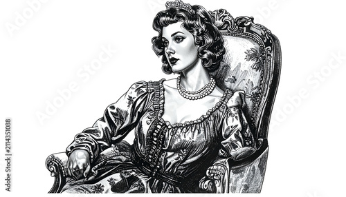 Victorian Lady Seated Elegant Chair Ornate Dress Fashion Illustration