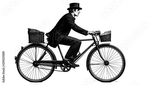 Victorian Man Rides Bicycle With Bags Transparent PNG Isolated