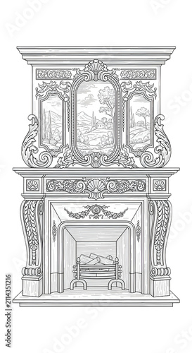 Victorian Ornate Fireplace Illustration Isolated Transparent PNG Detailed Black White