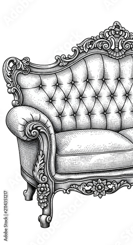 Victorian Ornate Sofa Sketch Isolated Transparent Background