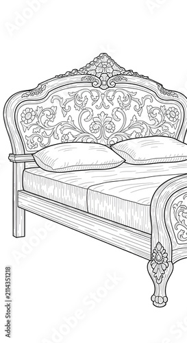 Victorian Tufted Bed Line Drawing Isolated