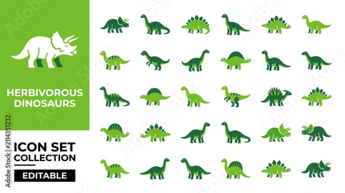 Canvastavla Collection of green herbivorous dinosaur silhouette icons