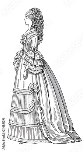 Victorian Woman Elegant Dress Silhouette Line Art Isolated
