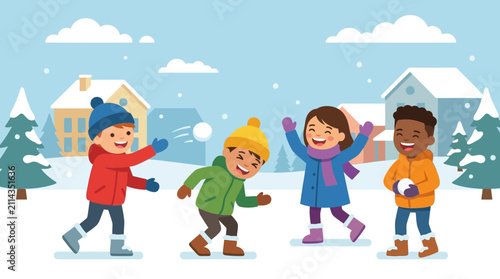 Fotografie Happy Diverse Children Playing Snowball Fight in Snowy Winter Landscape
