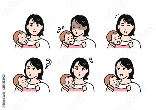 赤ちゃんとお母さんのシンプルなベクターイラストセット素材