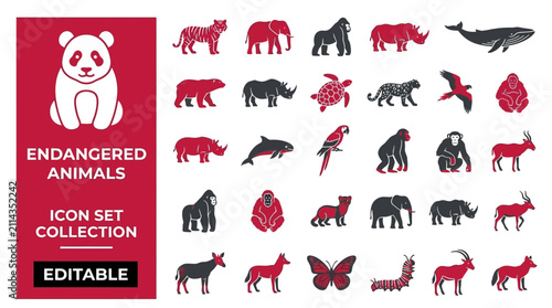 Photography Endangered species icon set featuring various wild animals