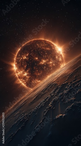 View of a planet with a sun in the background