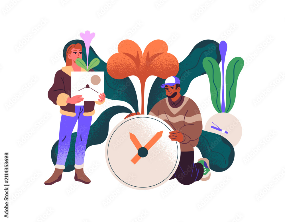Fototapeta premium Teamwork time management concept. Effective organization and growth in team. People with flowers and clock faces. Blooming plants and dials. Flat isolated vector illustration on white background