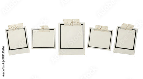 Set of five blank photo frames with masking tape isolated on transparent background