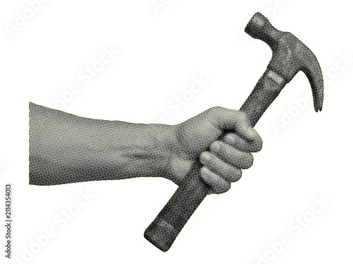 Retro halftone hand holding hammer art collage on transparent background.