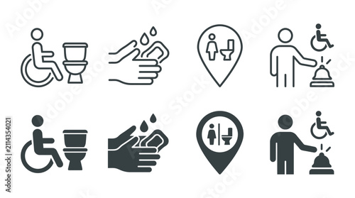 Collection of accessibility and hygiene icons including wheelchair facilities and hand washing signage with accessibilit