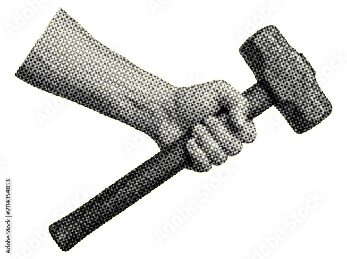 Retro halftone hand holding hammer art collage on transparent background.