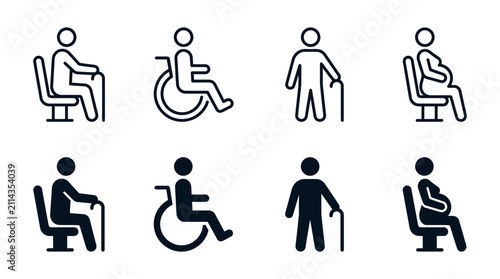 Accessibility and priority seating icon set for public facilities with accessibility priority disabled pregnant