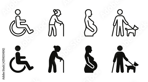 Inclusive accessibility symbols for public assistance and mobility with accessibility assistance disability pregnant