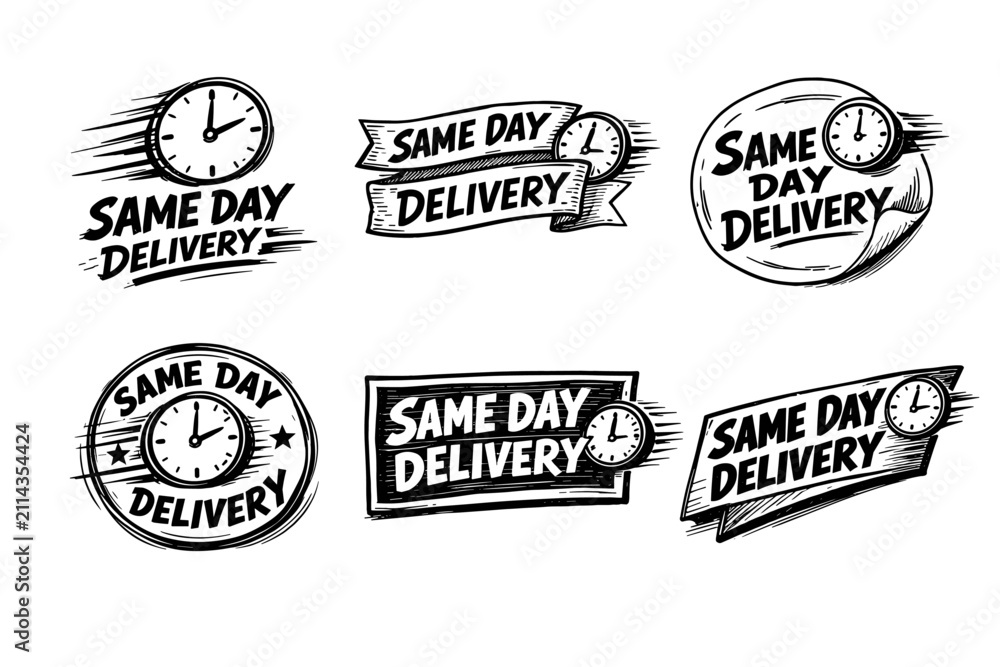 Obraz premium Hand-drawn set of same-day delivery labels and badges with clocks and speed lines, evoking fast shipping, express logistics, timely courier service for ecommerce and retail