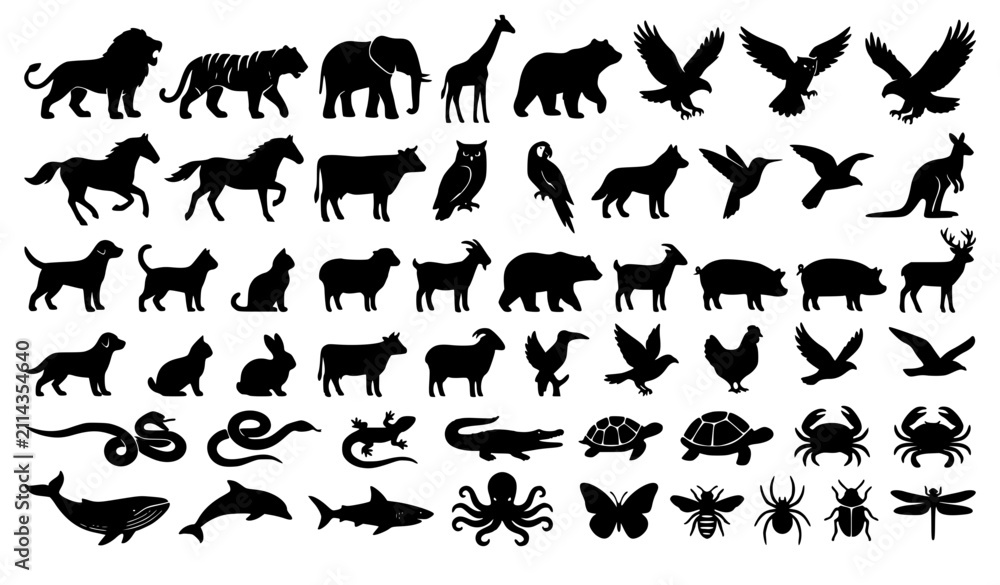 Fototapeta premium Modern Black Silhouette Animal Creature and Insect Vector Icon Set