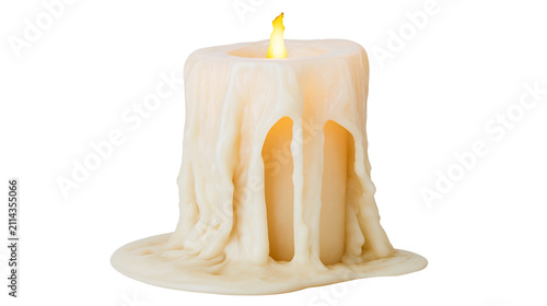 Creamy white candle with dripping wax and glowing flame