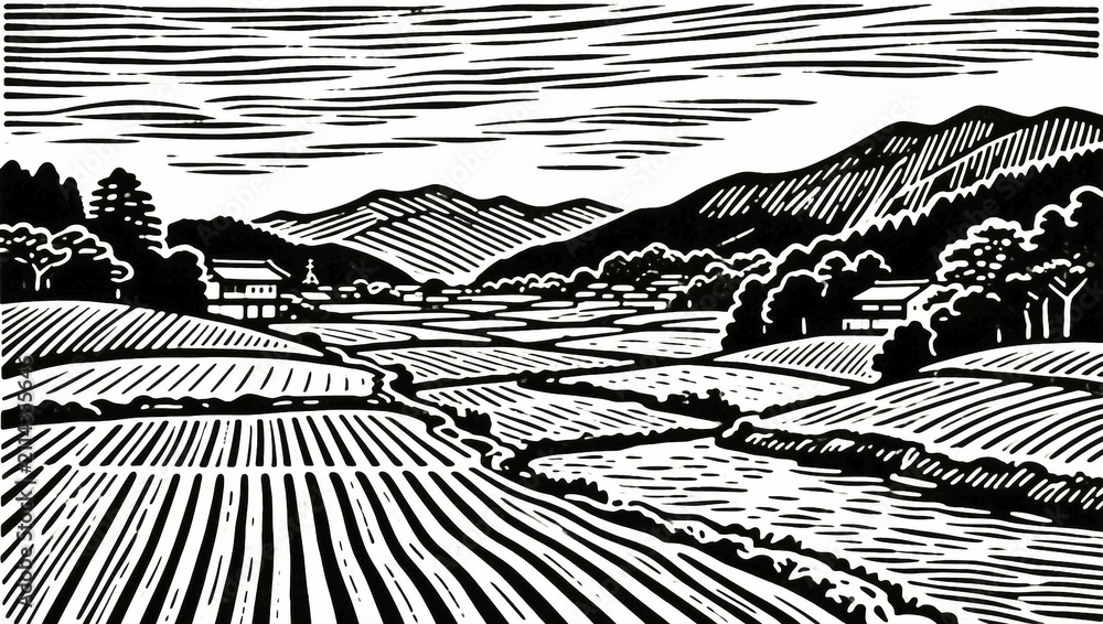 Fototapeta premium Black and white landscape with mountains and a river flowing through fields, line art illustration, AI generated