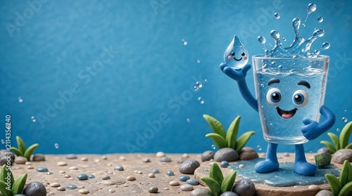 Cute 3D clay water glass mascot holding a water drop with copy space for banner design