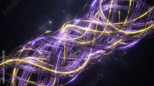 Filaments of light intertwine in a double helix structure, glowing with vibrant purple and gold hues against a dark void, representing advanced molecular biology and scientific energy connections.