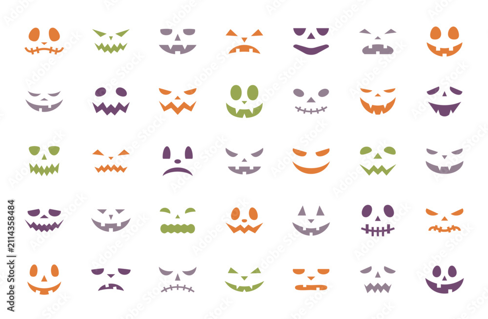 Fototapeta premium ハロウィン おばけ イラスト ベクター ジャックオランタン 表情 怖い 恐ろしい ホラー 素材 セット
