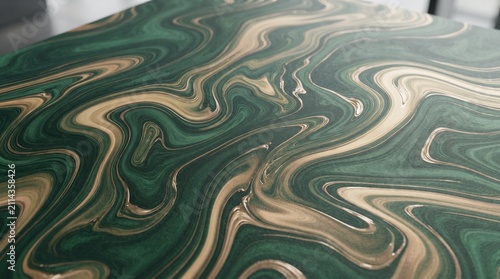 Marble surface features a rich blend of deep green and golden veins swirling together to create an elegant natural stone pattern that adds a touch of sophisticated luxury to any interior room design.