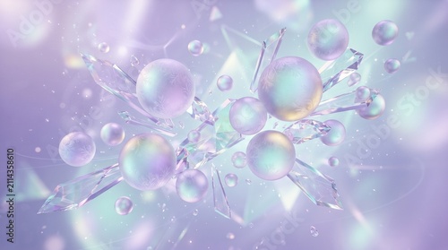 Bubbles float gracefully amidst iridescent shards of glass creating a dreamlike composition of pastel colors and soft light reflections that embody a sense of ethereal beauty and gentle.