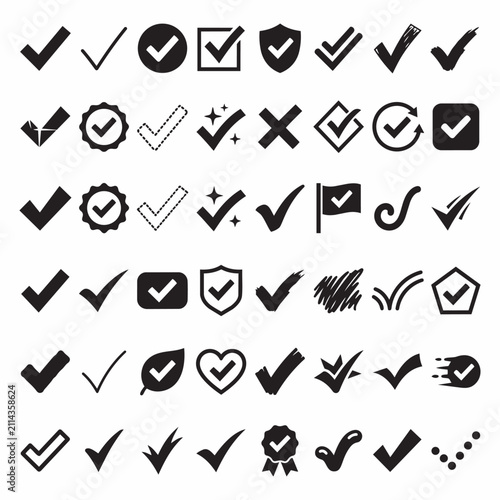 Comprehensive collection of various black check mark and tick icons with checkbox selection business validation interface collection verified isolated