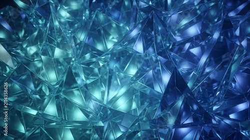 Crystals illuminate a dark space with sharp geometric shapes and intricate facets reflecting deep blue light throughout the environment to create an atmosphere of mystery and natural wonder for.