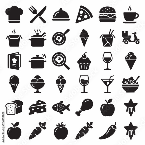 Comprehensive set of food and restaurant related black glyph icons with restaurant delivery collection graphics utensils illustration