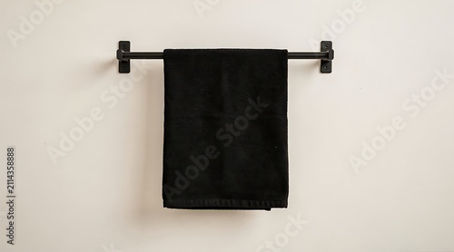 Black towel hanging on a modern metal rack against a white wall.