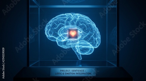 Foto Digital brain with heart processor encased in transparent futuristic display cub