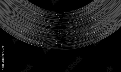 White concentric arc lines with scattered data point dots forming a curved network shape on black background, big data connection visualization illustration, technology abstract design.