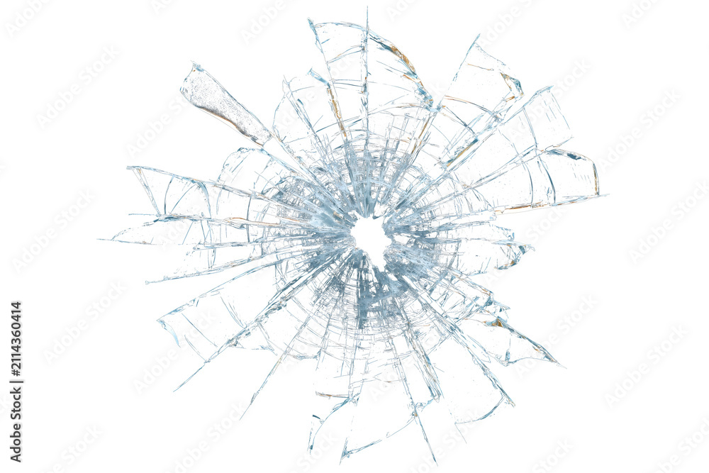 Obraz premium Realistic shattered glass hole isolated on transparent background with broken window impact effect.