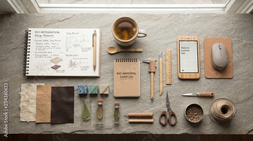 Workspace features a curated collection of sustainable office supplies and material samples arranged neatly on a grey stone desk that serves as a functional station for eco-friendly product design.