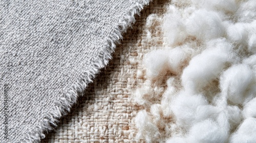 A close-up shot displays a textured fabric next to a pile of fluffy, raw cotton. The contrast highlights the raw material and its processed form