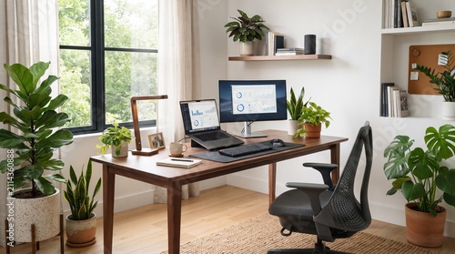Workspace desk features a modern computer setup surrounded by lush green potted plants near a bright window to create a productive home office environment that balances technology with natural.