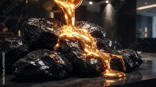 Molten gold pours over black coal lumps in a dark industrial interior setting, symbolizing wealth creation, economic transformation, luxury resources, precious material processing and valuable.